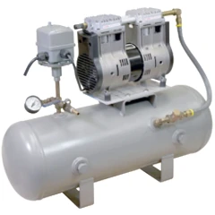Welch 8150B WOB-L 7.1 CFM 10 Gal Tank Pump, grey twin-head pump on horizontal tank with gauge, switch box and hose