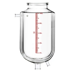 Ai R100 Dual-Jacketed 100L Reactor Vessel, clear double-wall glass vessel with red scale, side port and bottom outlets