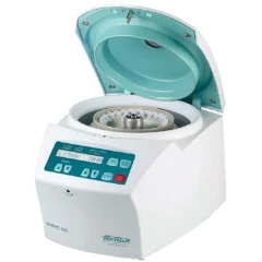 Hettich MIKRO 185 Centrifuge 14000 RPM, white benchtop unit with open teal lid showing rotor and keypad display
