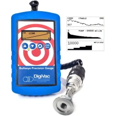 DigiVac Bullseye Precision Vacuum Gauge, blue handheld gauge with display, sensor on flange fitting, screen insets