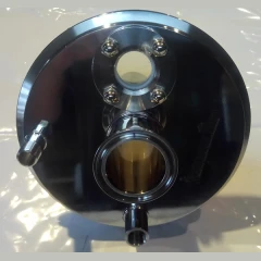 6" Endcap, 1.5" Ferrule & 1 Sight Glass, top view of stainless cap with bolted sight glass and ports