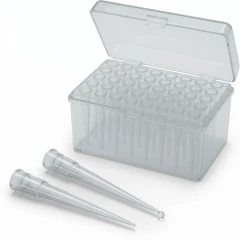 Ai Low Retention Pipette Tips, clear tips in a hinged rack, one tip with a water droplet, representative image