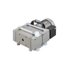 Welch 2054 3.4 CFM 6 Torr Diaphragm Pump, grey pump heads with white tubing, carry handle and motor