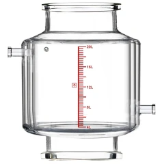 Ai R20f Double-Jacketed 20L Filter Vessel, clear double-wall open-bottom glass vessel with red scale and side ports