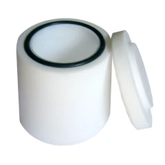 PTFE Grinding Jar with Lid for Ball Mills, white jar with black O-ring and lid set beside it