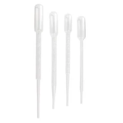 NEST Pasteur Pipets, LDPE, four clear plastic transfer pipettes with bulbs in different sizes, white background