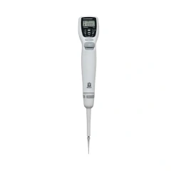 BRAND Transferpette Electronic Single Channel, white handheld pipette with digital display and tip fitted