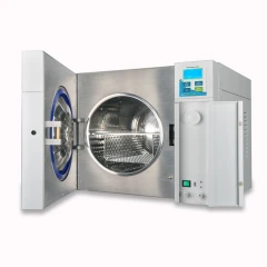 Benchmark BioClave 28L Research Autoclave, door open showing stainless chamber and rack, control panel with display