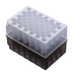 NEST KingFisher Compatible Deep Well Plates, clear plate with round wells seated on a smoked dark base