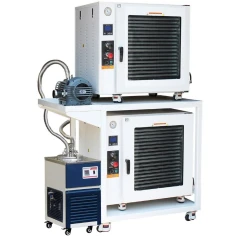 Ai 2-Oven 7.5 Cu Ft Vacuum Oven Package, two stacked white ovens on a mobile cart with pump and blue cold trap