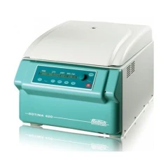Hettich Rotina 420 Centrifuge, 4 x 600 mL, benchtop unit with white lid and teal front control panel