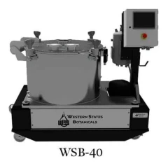 WSB-40 Cannabinoid Extraction Centrifuge, stainless drum with clamped lid on black wheeled base, touchscreen box