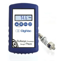DigiVac Bullseye Piezo Rough Vacuum Gauge, blue handheld meter with display beside a stainless sensor