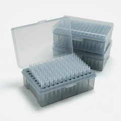 Ai Universal Pipette Tips, racked, clear tips in stacked 96-position racks, representative image