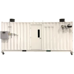 C1D1 Labs Outdoor Extraction Booth, white container-style booth with door, control box and roof vents