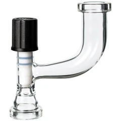 Ai 5L SolventVap Glass Elbow with Valve, clear bent glass tube with black-capped PTFE valve, white background