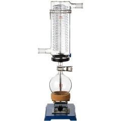 Ai T1 Glass Cold Trap, Cooling Coil, 24/40, coil condenser over round flask on cork ring and blue lab jack