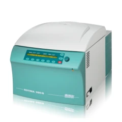 Hettich Rotina 380R Refrigerated Centrifuge, benchtop unit with white lid, teal front and display