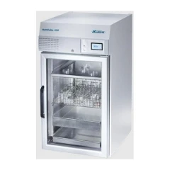 HettCube 400 R Refrigerated Incubator, glass door cabinet with racks of flasks inside and top display