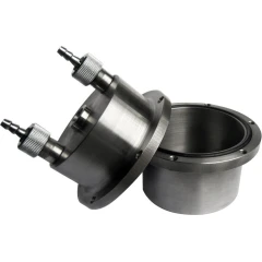 Stainless Steel Vacuum Jar Jacket, lid with two hose barb fittings beside the open stainless jar
