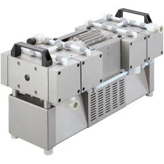 Welch 2064B-01 6.1 CFM PTFE Diaphragm Pump, silver multi-head pump with two black handles and white tubing