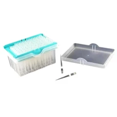 NEST Tecan Robotic Tips, Clear, Boxed, rack of tips in box with teal tray, lid removed and two loose tips