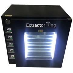 SK 7.8 Cu Ft Vacuum Oven, 19 Shelves, black oven with lit window showing shelves and side controllers