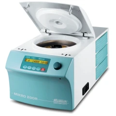 Hettich MIKRO 200R Refrigerated, 20 Cryo Tubes, benchtop centrifuge with lid open, teal front and display