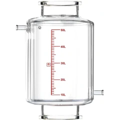 Ai R50f Double-Jacketed 50L Filter Vessel, clear double-wall glass vessel with red scale and side hose ports