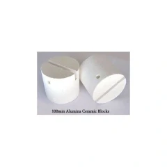Alumina Ceramic Thermal Tube Blocks, two white cylindrical ceramic blocks with slots and holes, 100mm size shown