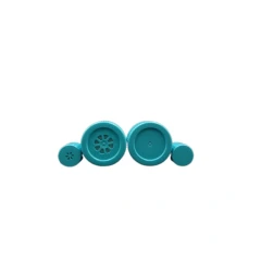 NEST BioFactory Plug and Vent Caps, four teal caps in two sizes, vented and plain