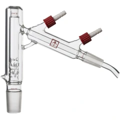 Ai 5L Vacuum Jacketed Short Path Head, clear glass head with red-capped hose barbs and angled outlet