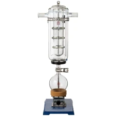 Ai T1 Jackhammer Dual-Layer Glass Cold Trap, tall glass trap with inner baffles over flask on blue lab jack