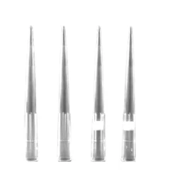 NEST Low Retention Pipette Tips, four clear tapered pipette tips, white background