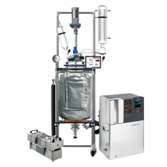 Ai 50L Glass Reactor Decarboxylation Package, jacketed glass reactor on frame with condenser, pump and temperature unit