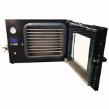 SK 1.9 Cu Ft Vacuum Oven, 9 Shelves, black oven with glass door open, shelves, gauge and control panel