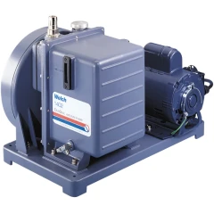 Welch 1402 DuoSeal Refrigeration Vacuum Pump, blue pump and motor on a shared base plate