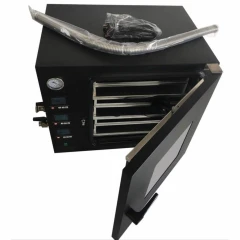 SK 3.4 Cu Ft Vacuum Oven, 6 Heated Shelves, black oven with door open, shelves, gauge and hose on top