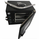 Science King 3.4 Cu Ft Vacuum Oven, 6 Heated Shelves, black oven with door open, shelves, gauge and hose on top