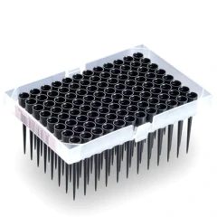 NEST Hamilton Tips, Conductive, Barcode, Boxed, black tips in a clear 96-position rack, white background
