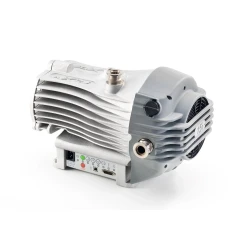 Edwards nXDS15iC 8.89 cfm Dry Scroll Pump, grey finned housing with fan cover and ports, white background