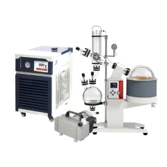 Ai SolventVap 5L Rotovap w/ Chiller & Pump 220V, glass condenser, flask and bath beside chiller and grey pump