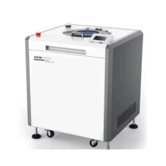 Spin Tech STP-3000 Centrifuge, white and grey floor cabinet with top lid window, stop button and casters