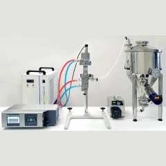 SonoMechanics BSP-1200 Ultrasonic Processor, generator, chiller, flow cell on stand, pump and stainless tank
