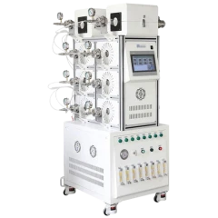 Multi Channel Tube Furnace, white multi-tube unit with gauges, valves, touch screen and flowmeters on casters