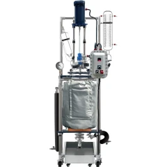 Ai 50L Jacketed Glass Reactor, Explosion-Proof, insulated vessel on steel frame with blue motor, control box, condenser