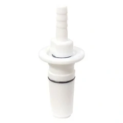 PTFE 24/40 to KF25 or 3/8" Barb Adapter, white PTFE adapter with flange, hose barb and black O-ring
