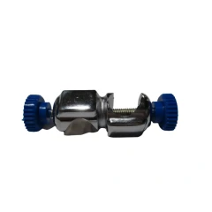 Lab Stand Boss Head Clamp, chrome clamp body with two blue thumb screws, white background