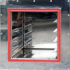 Ai Elite Series High Temp Oven Door Gasket, red gasket around a stainless oven chamber opening with shelf rails