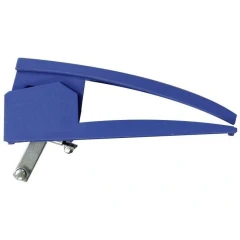 Door Handle for FO Series Drying Ovens, blue curved lever handle with metal latch bar, white background
